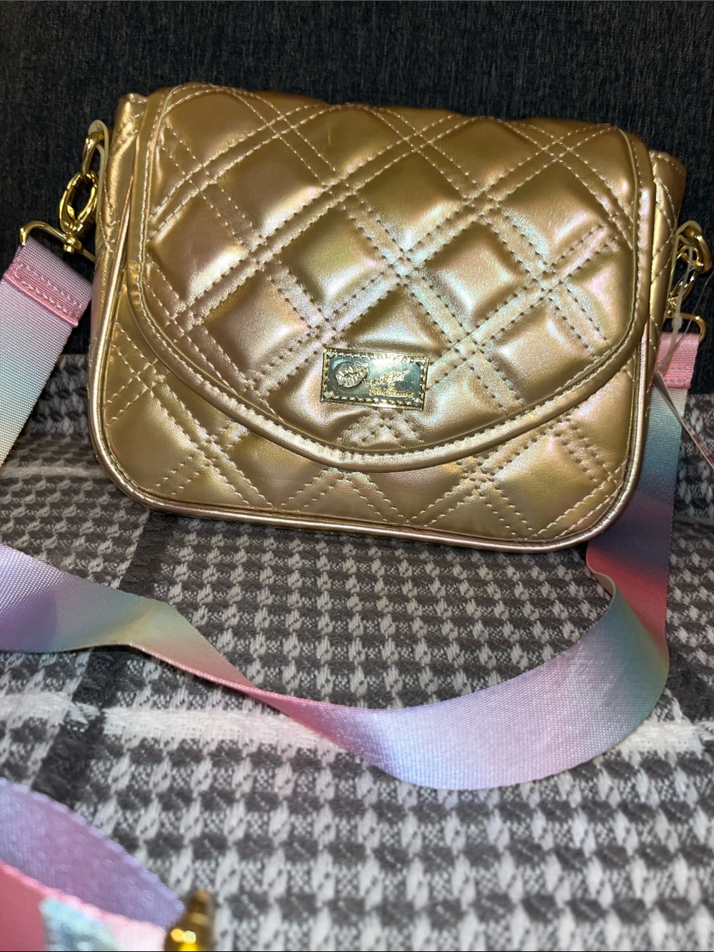 NWT Betsy Johnson Metallic Quilted Crossbody Bag with Rainbow Strap